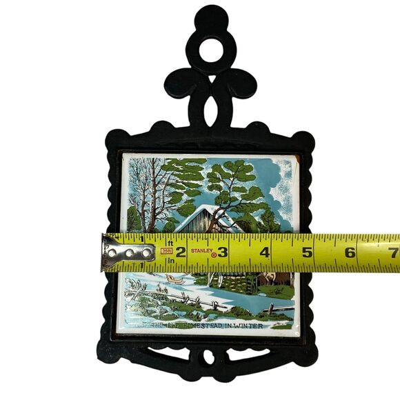 Vintage Currier and Ives Kitchen Cast Iron Tile Trivet "The Old Homestead" Japan - Picture 3 of 14
